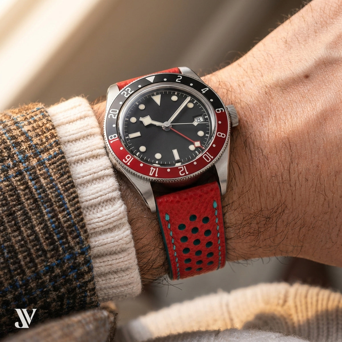 Red Teal Epsom Rally Leather Watch Strap — shown on watch