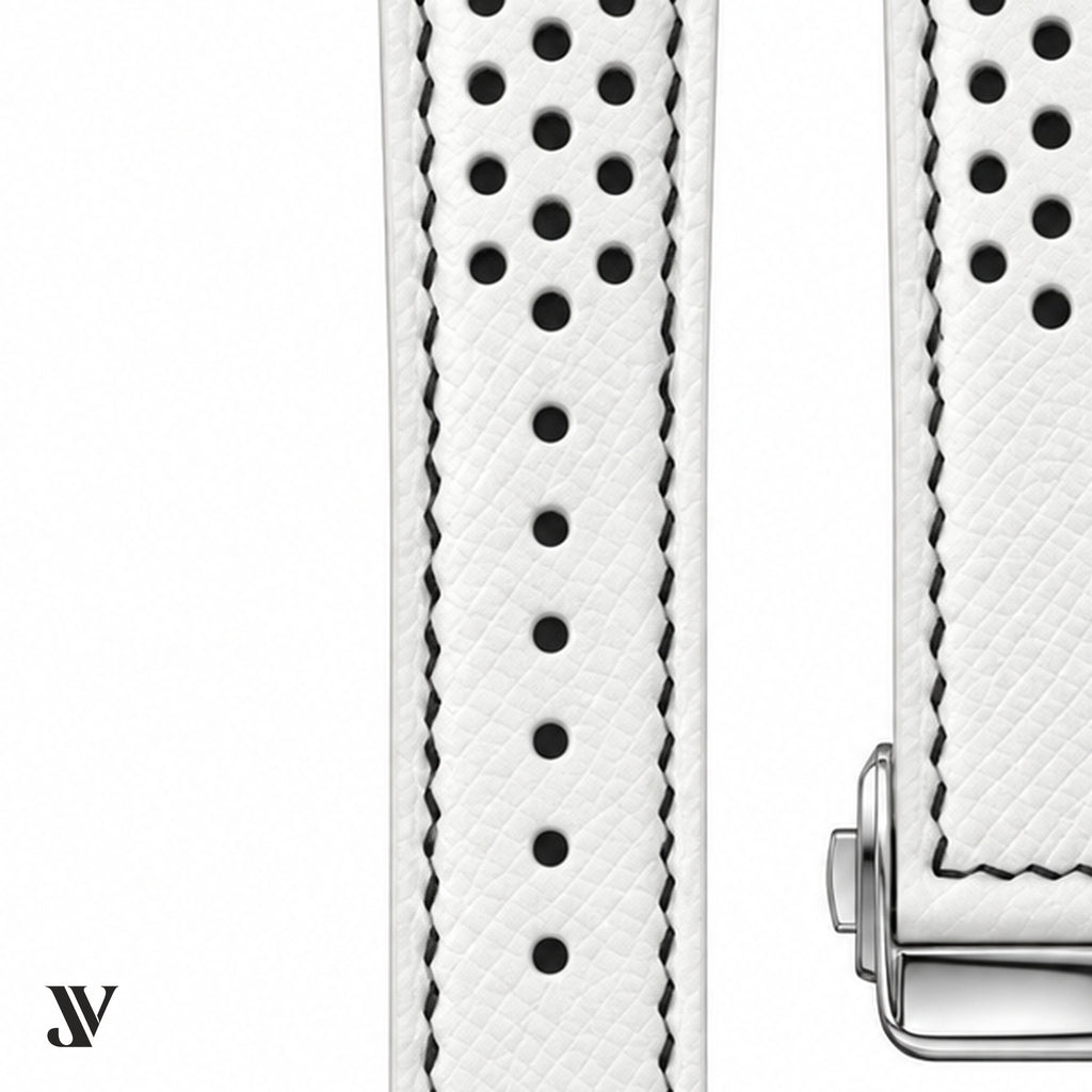 White Black Epsom Rally Leather Watch Strap — stitching detail