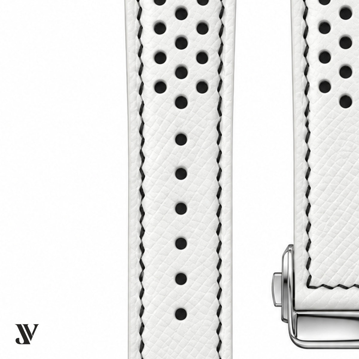 White Black Epsom Rally Leather Watch Strap — stitching detail