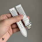 White Black Epsom Rally Leather Watch Strap — shown on watch