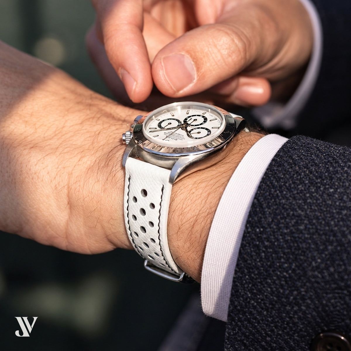 White Black Epsom Rally Leather Watch Strap — shown on watch