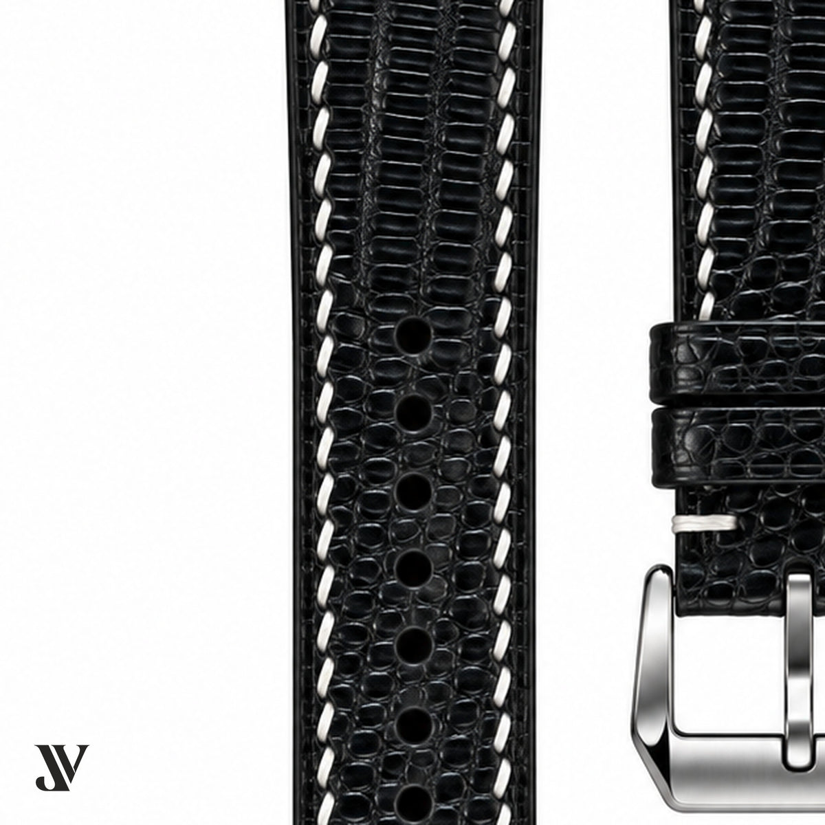 Black Lizard Leather Watch Strap — stitching detail