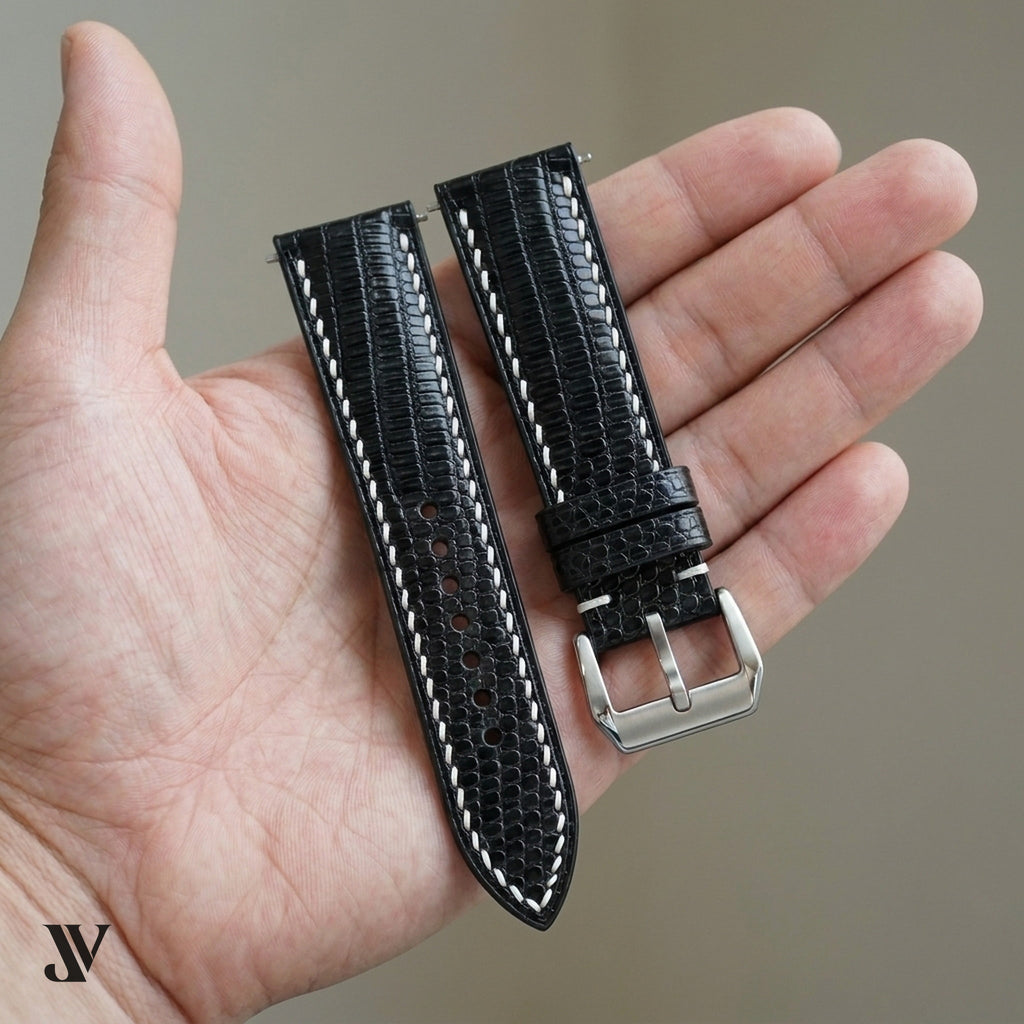 Black Lizard Leather Watch Strap — shown on watch