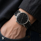 Black Lizard Leather Watch Strap — shown on watch