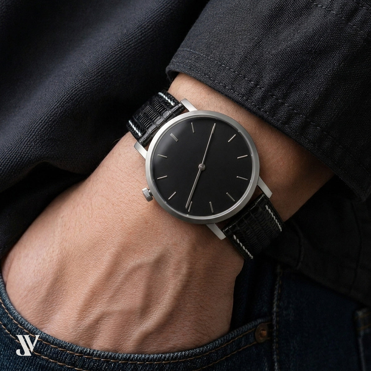 Black Lizard Leather Watch Strap — shown on watch