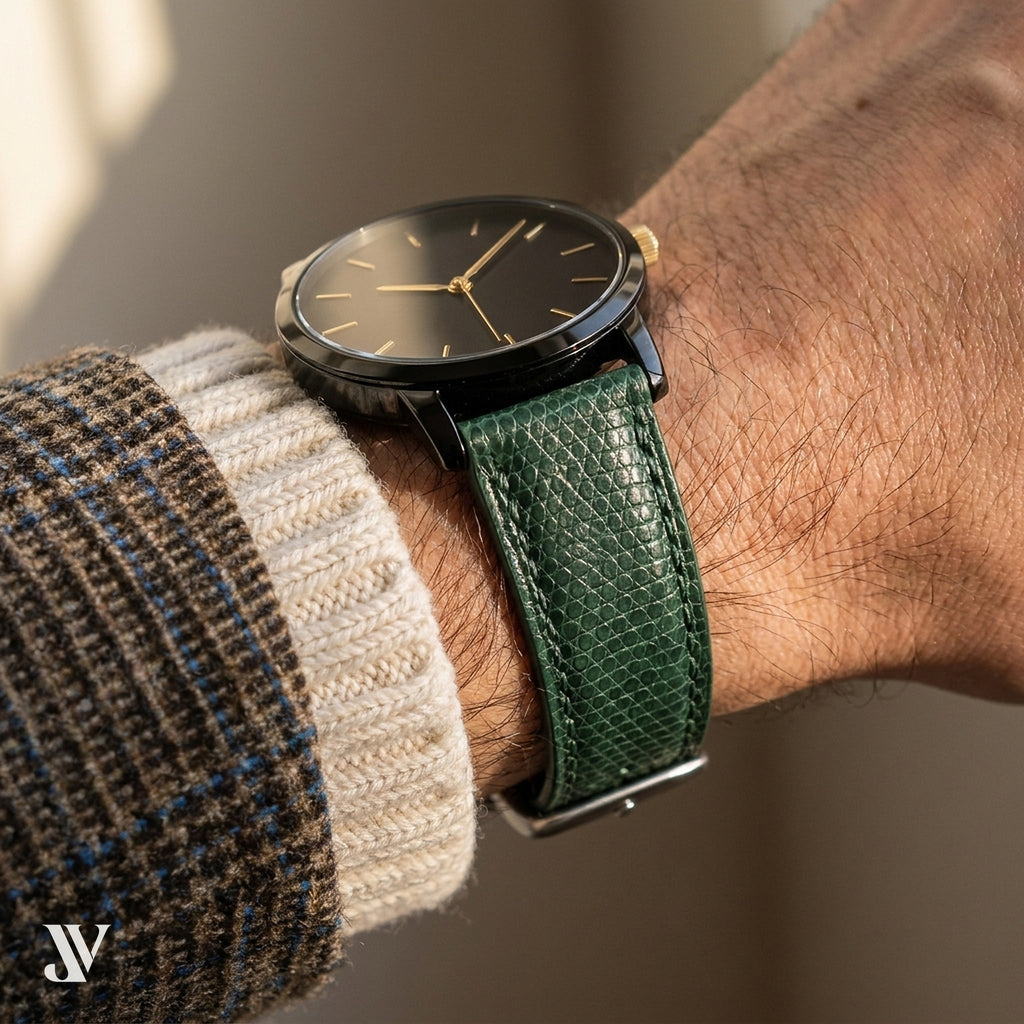 Dark Green Lizard Leather Watch Strap — shown on watch