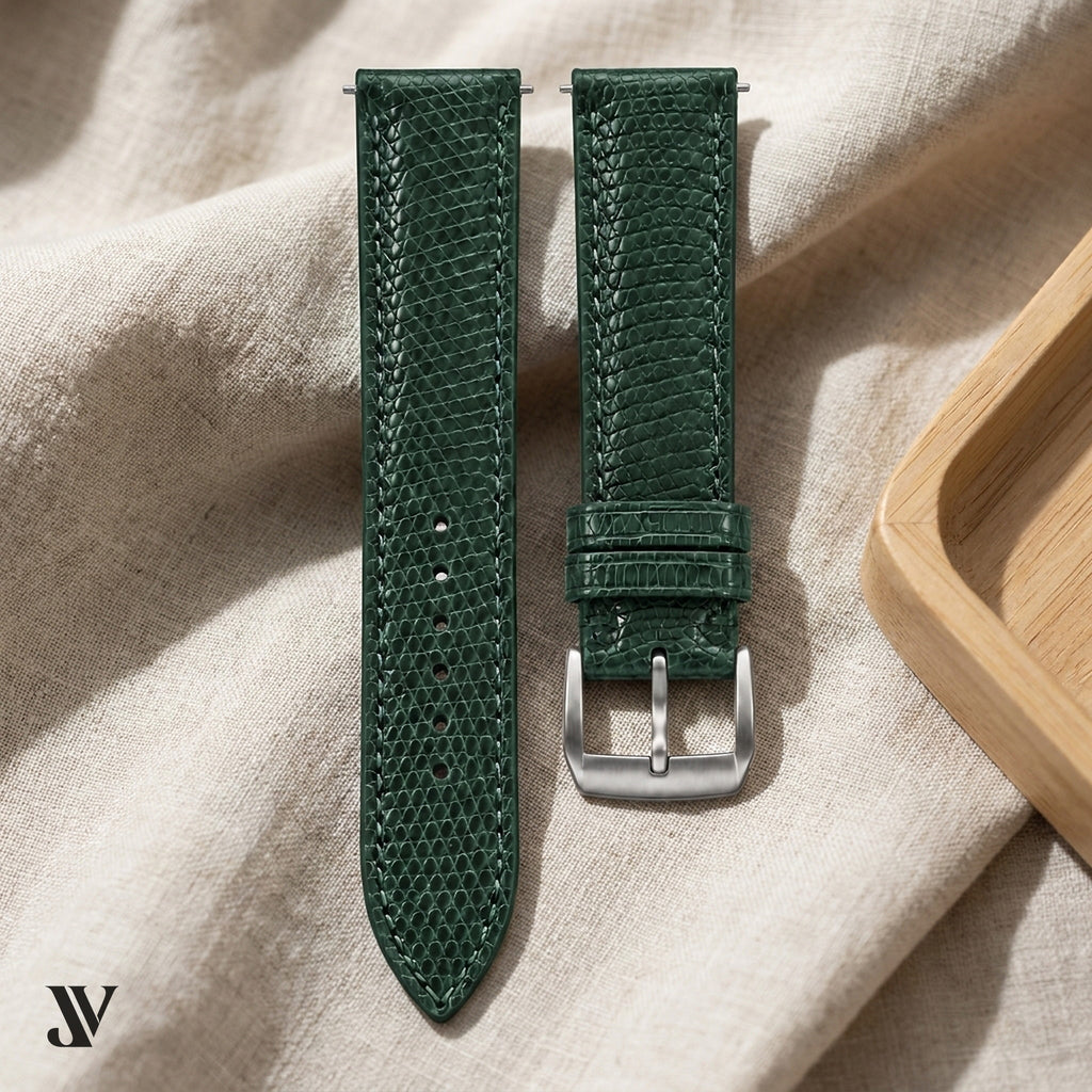 Dark Green Lizard Leather Watch Strap — styled scene