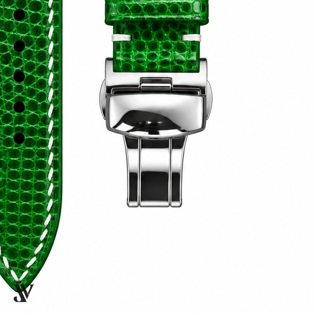 Green Lizard Leather Watch Strap — buckle detail