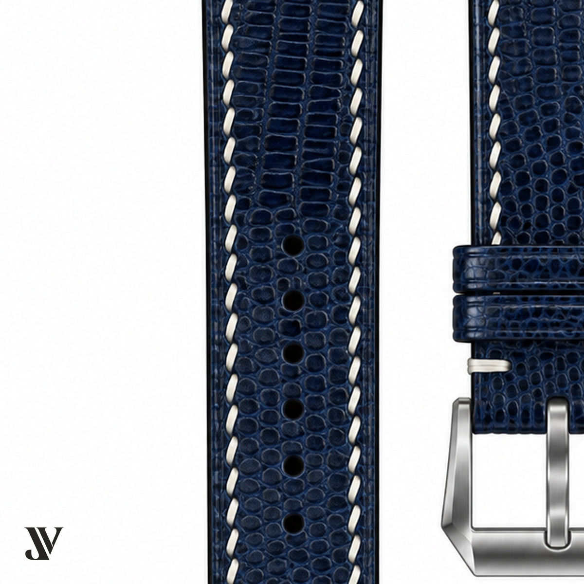 Navy Blue Lizard Leather Watch Strap — stitching detail