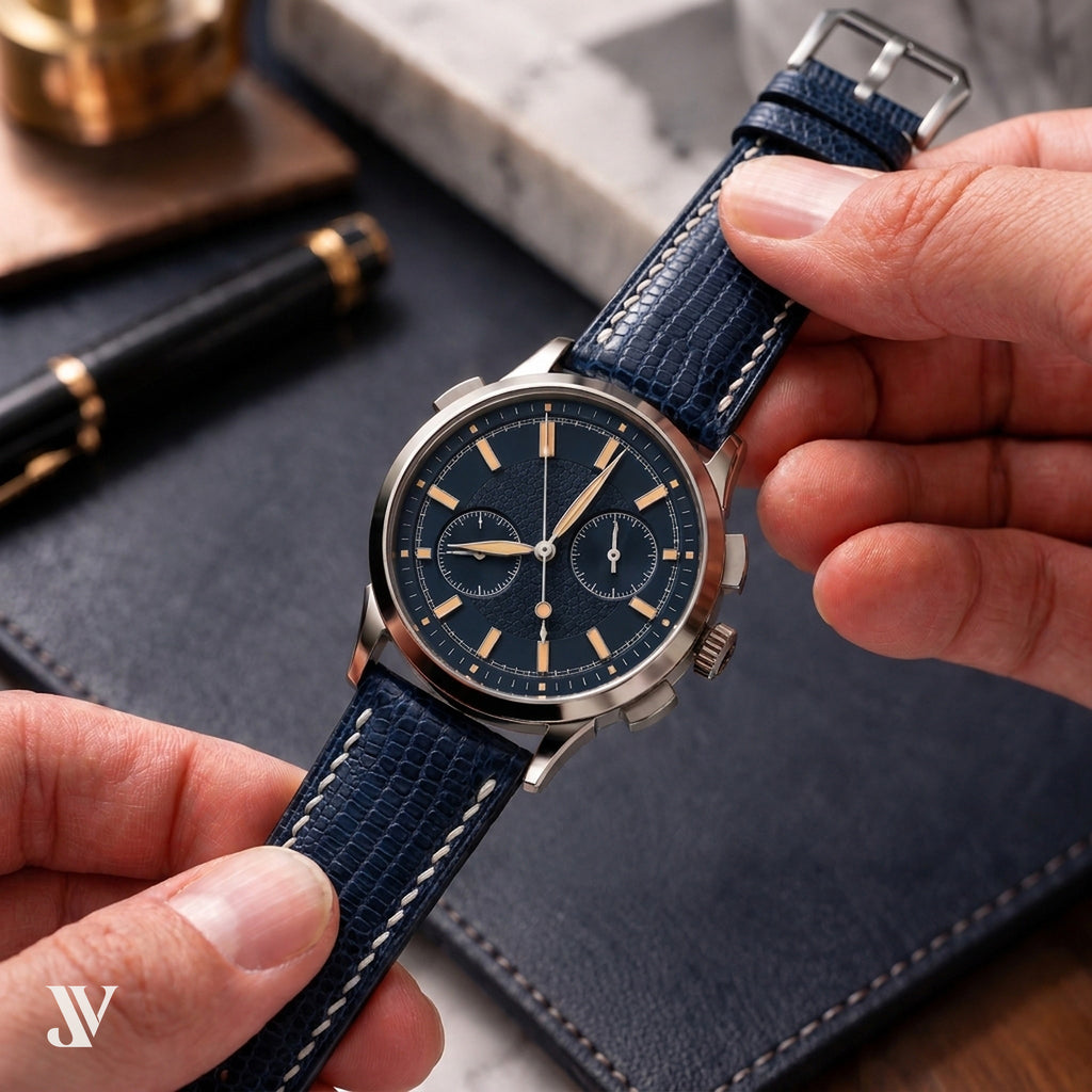 Navy Blue Lizard Leather Watch Strap — shown on watch