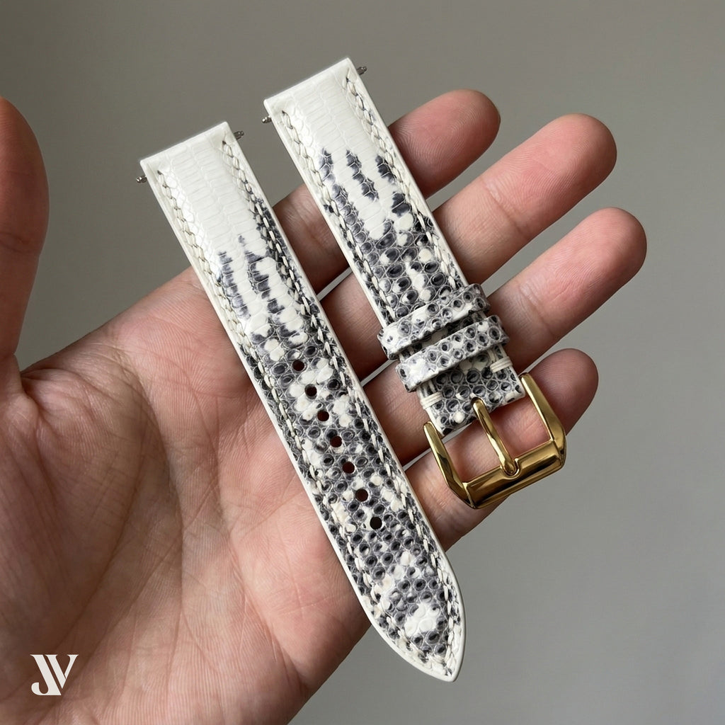 White Gray Lizard Leather Watch Strap — shown on watch