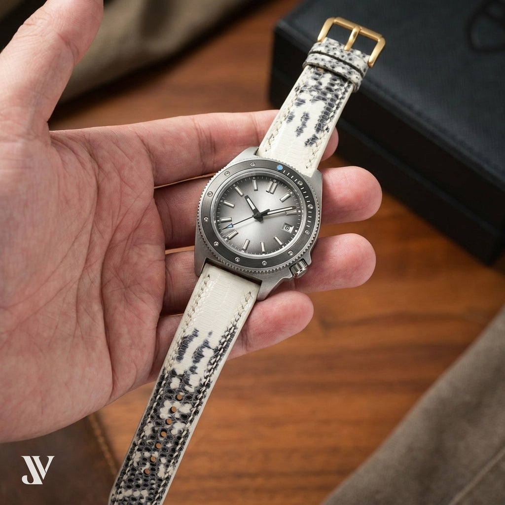 White Gray Lizard Leather Watch Strap — shown on watch
