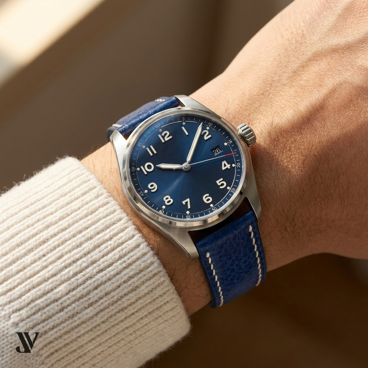 Navy Blue Nappa Leather Watch Strap — shown on watch