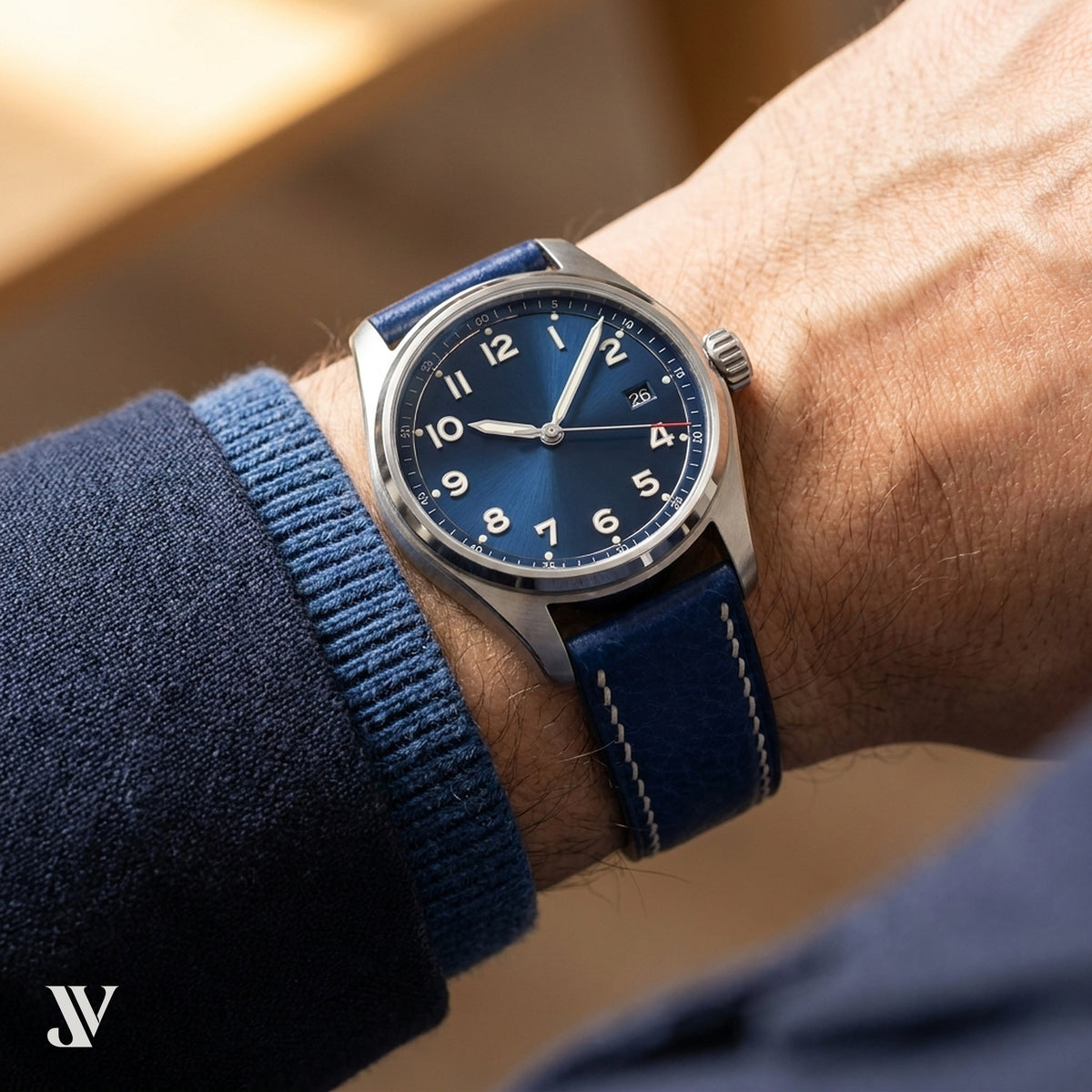 Navy Blue Nappa Leather Watch Strap — shown on watch