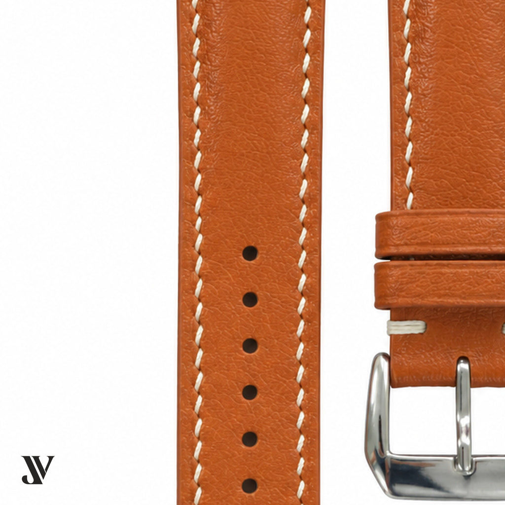 Padded Tan Nappa Cowhide Leather Watch Strap — stitching detail