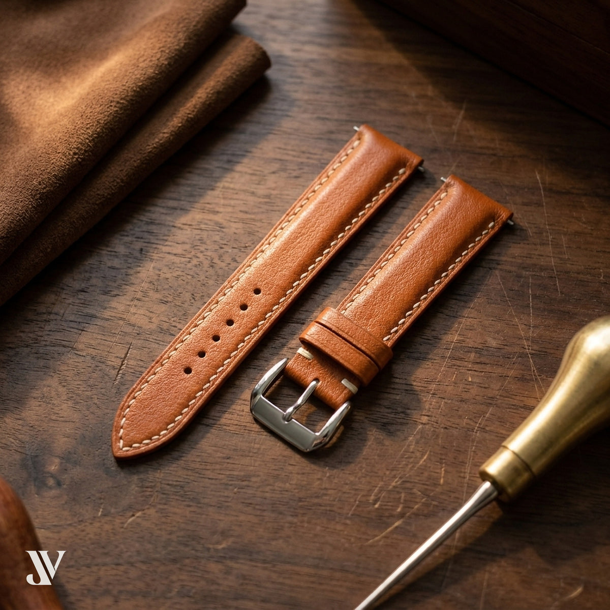 Padded Tan Nappa Cowhide Leather Watch Strap — styled scene