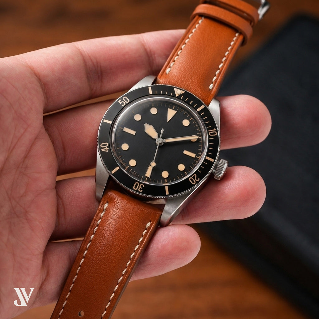 Padded Tan Nappa Cowhide Leather Watch Strap — shown on watch