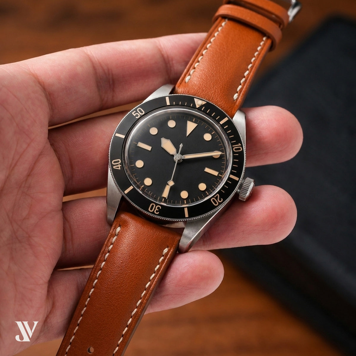 Padded Tan Nappa Cowhide Leather Watch Strap — shown on watch