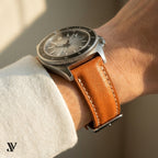 Padded Tan Nappa Cowhide Leather Watch Strap — shown on watch