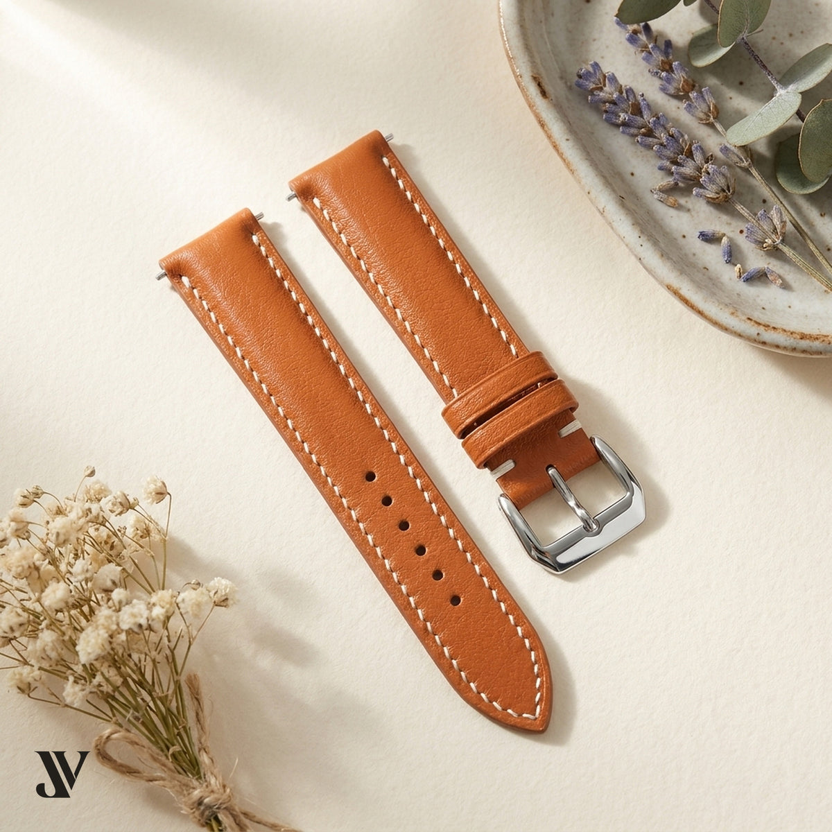 Padded Tan Nappa Cowhide Leather Watch Strap — styled scene