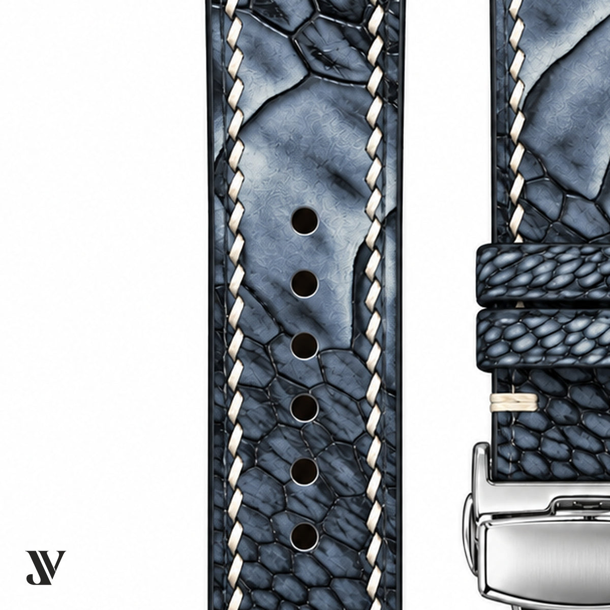 Black & Grey Ostrich Leg Leather Watch Strap — stitching detail
