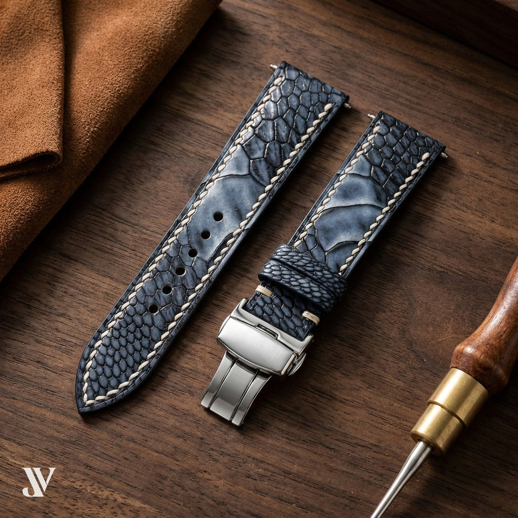 Black & Grey Ostrich Leg Leather Watch Strap — styled scene