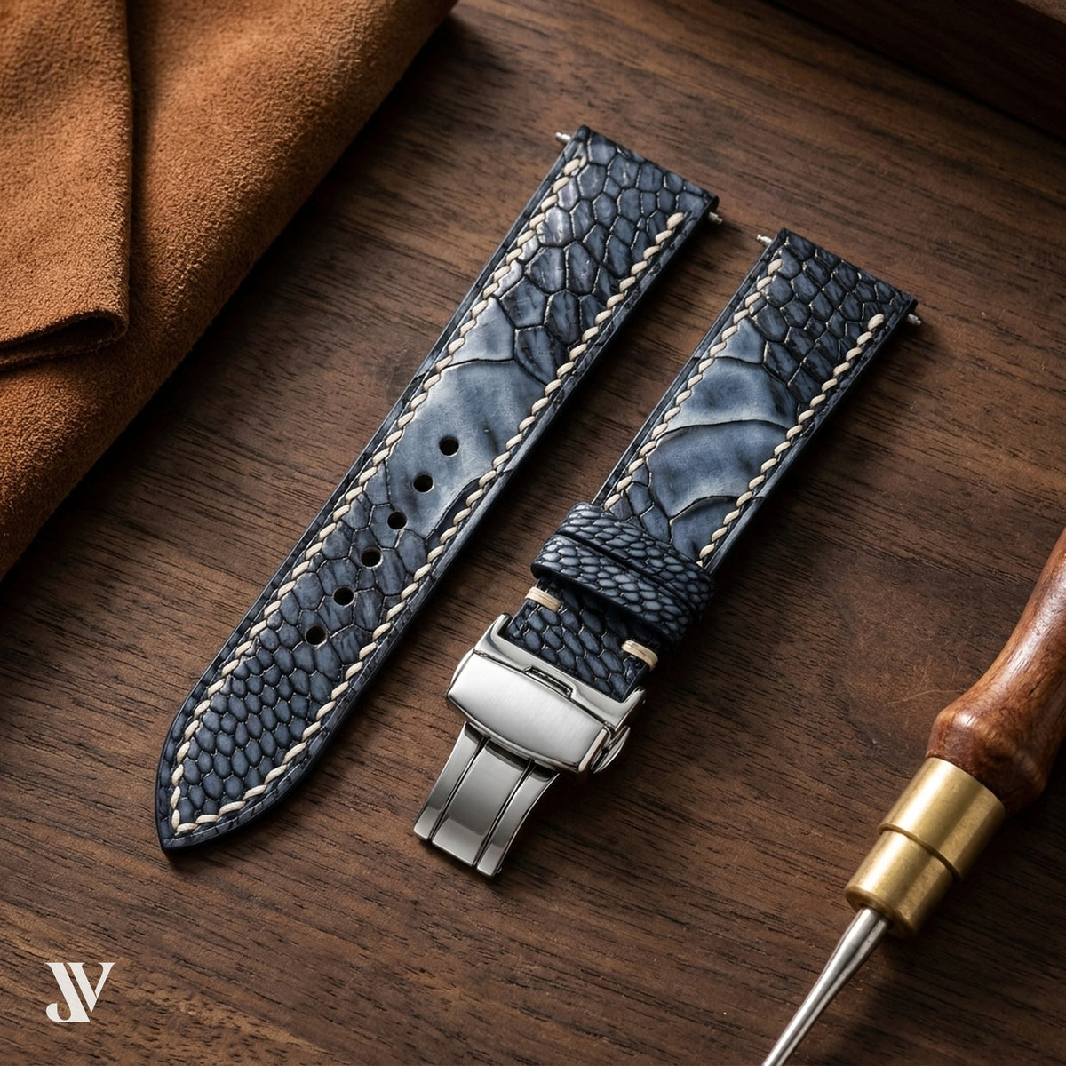 Black & Grey Ostrich Leg Leather Watch Strap — styled scene