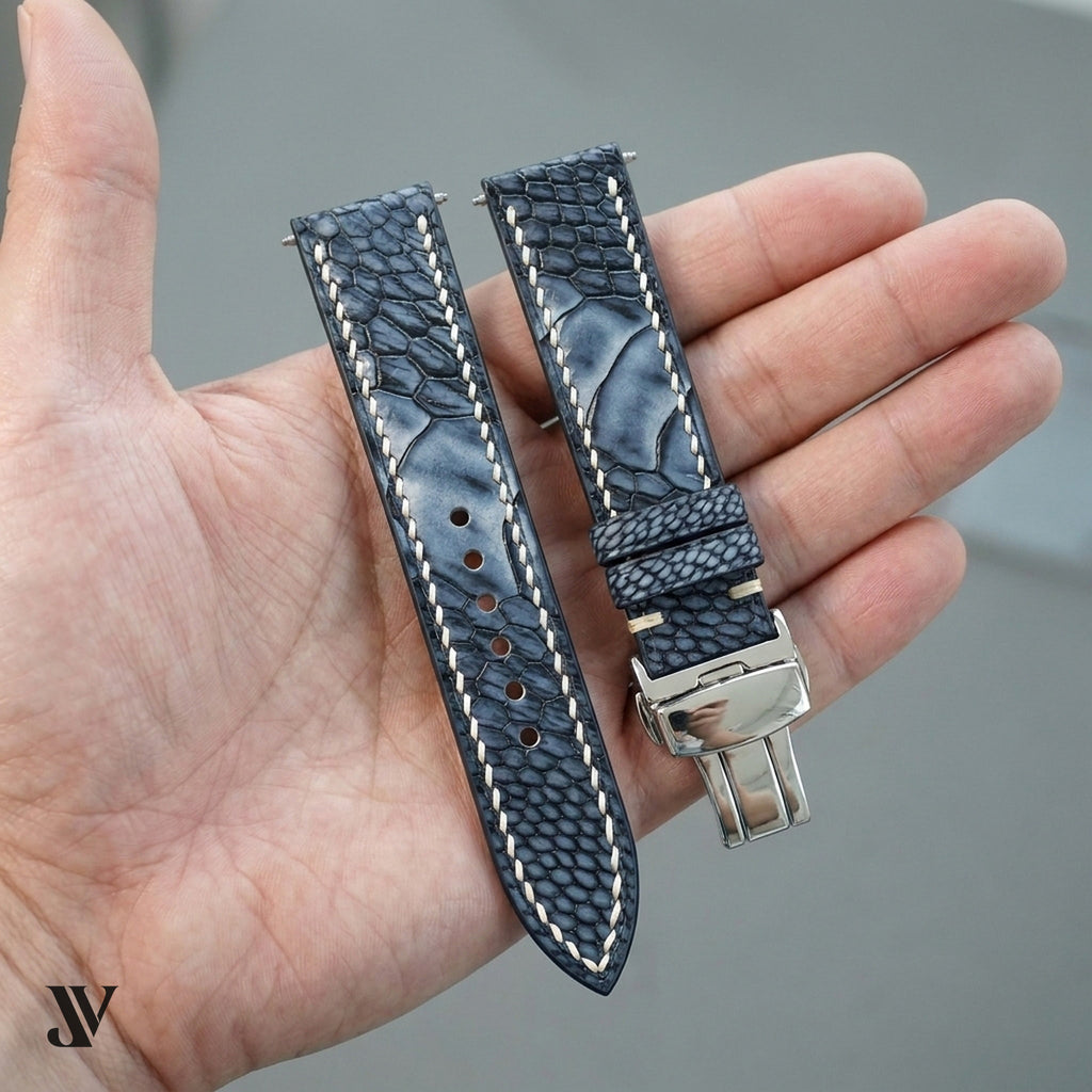 Black & Grey Ostrich Leg Leather Watch Strap — shown on watch