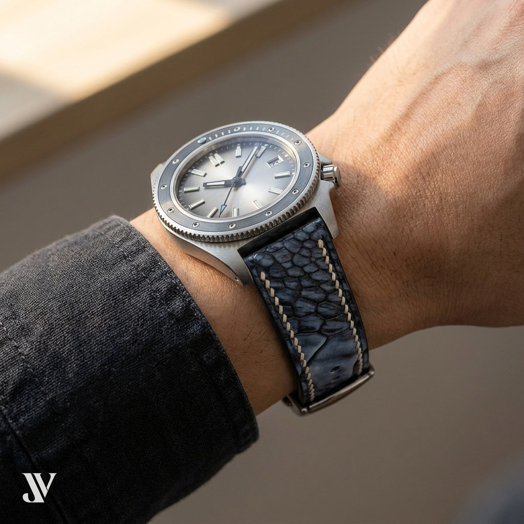 Black & Grey Ostrich Leg Leather Watch Strap — shown on watch