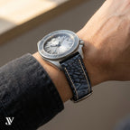 Black & Grey Ostrich Leg Leather Watch Strap — shown on watch