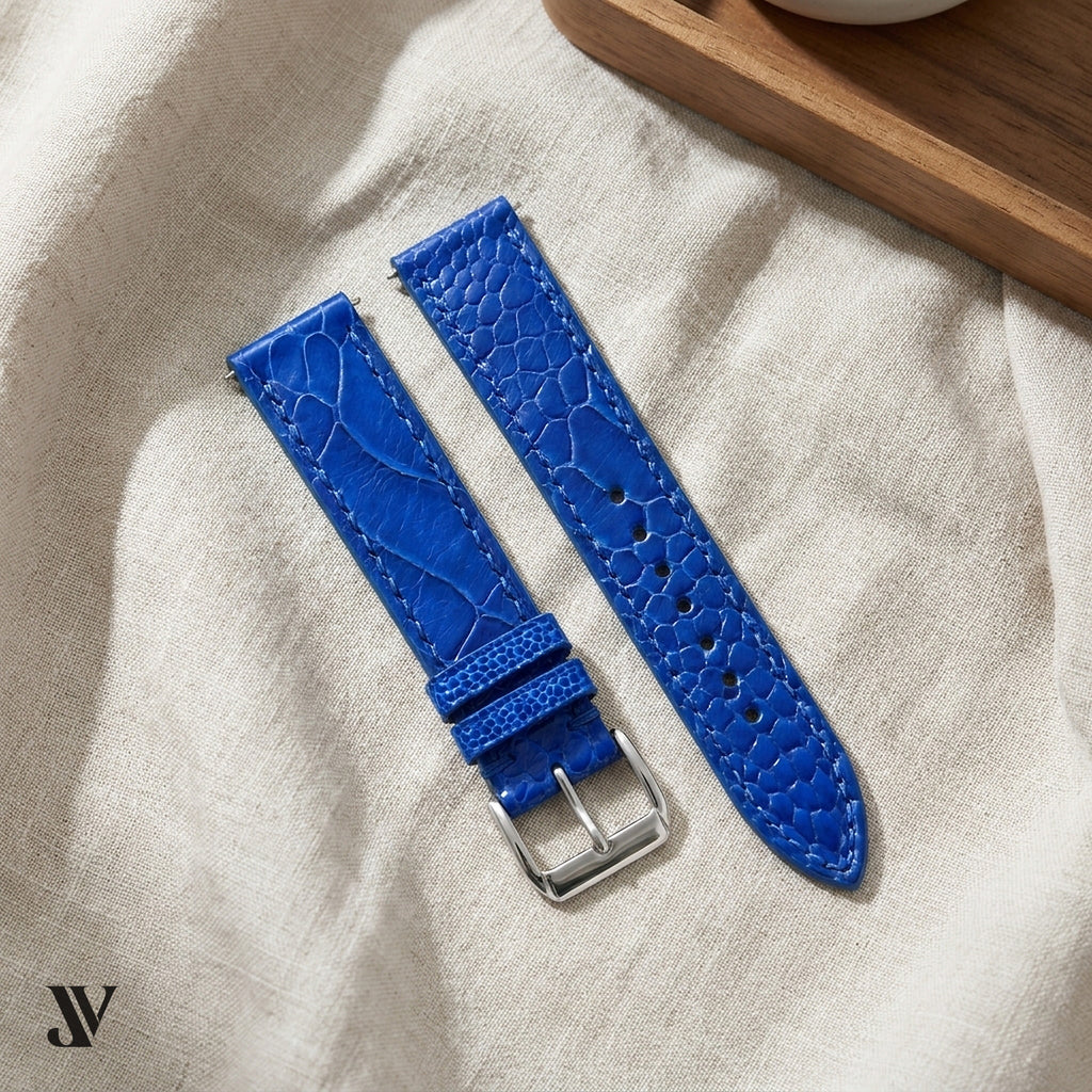 Blue Ostrich Leg LBlue Ostrich Leg Leather Watch Strapeather Watch Strap — styled scene