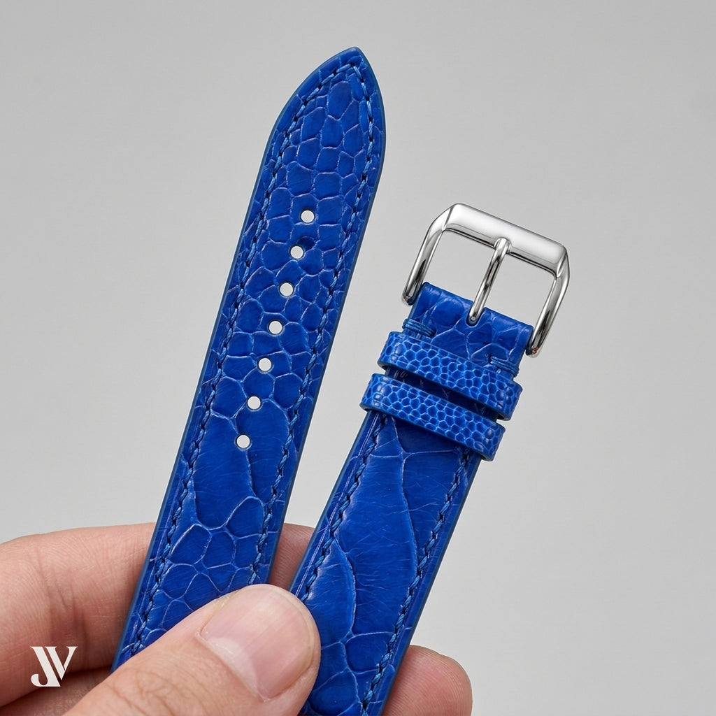 Blue Ostrich Leg LBlue Ostrich Leg Leather Watch Strapeather Watch Strap — shown on watch