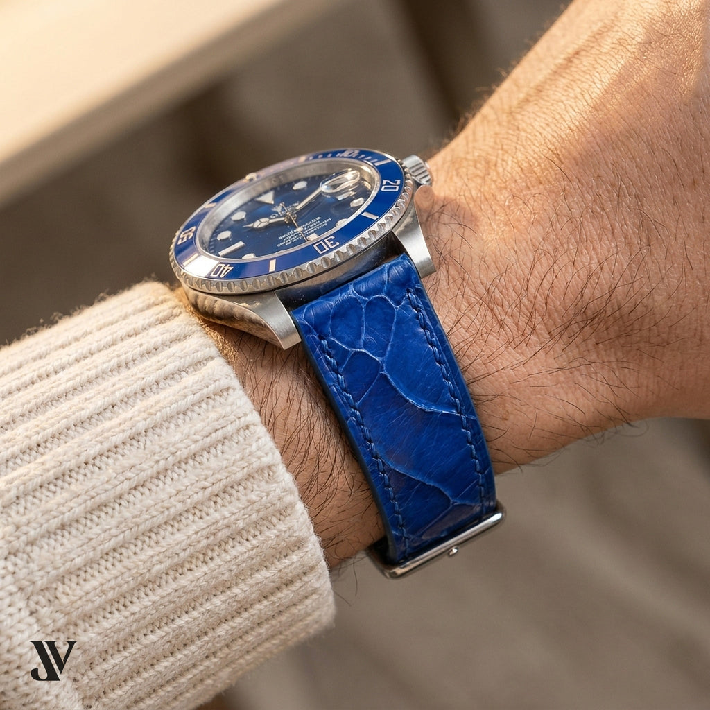 Blue Ostrich Leg LBlue Ostrich Leg Leather Watch Strapeather Watch Strap — shown on watch