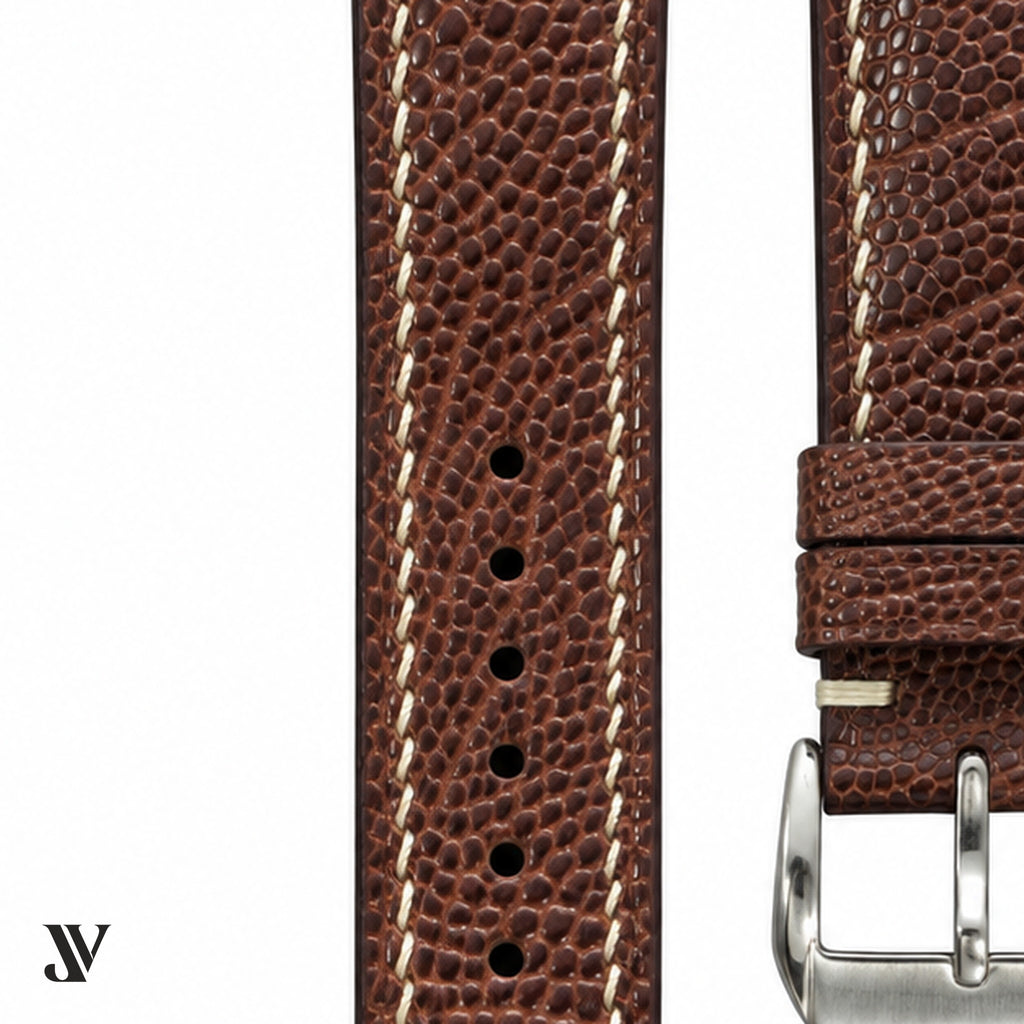 Brown Ostrich Leg Leather Watch Strap — stitching detail