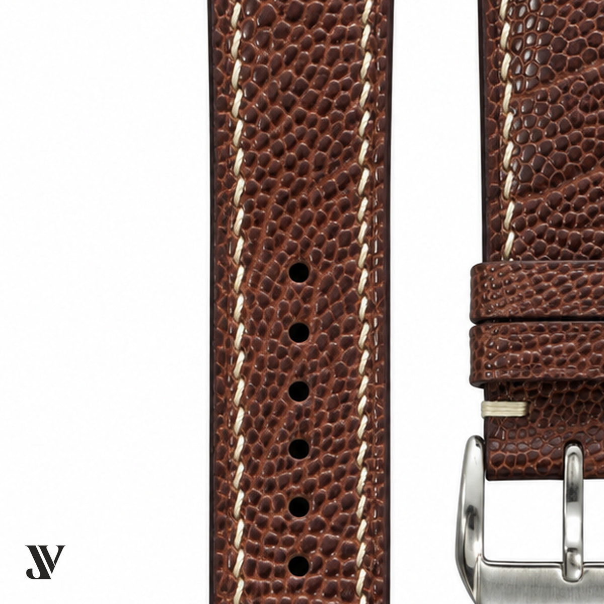 Brown Ostrich Leg Leather Watch Strap — stitching detail