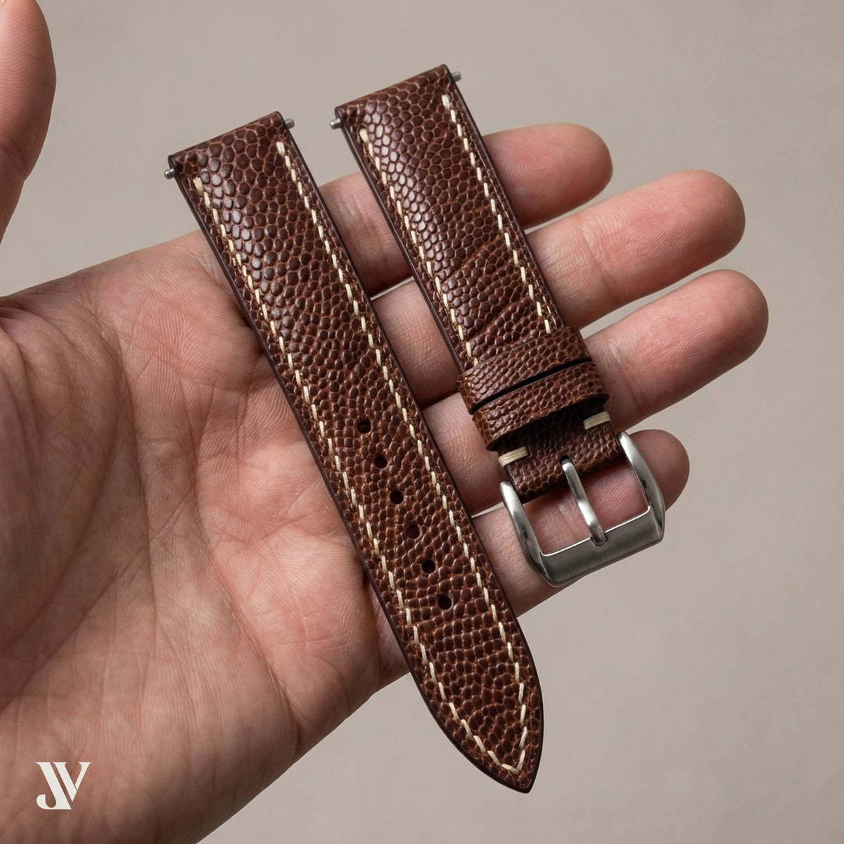 Brown Ostrich Leg Leather Watch Strap — shown on watch