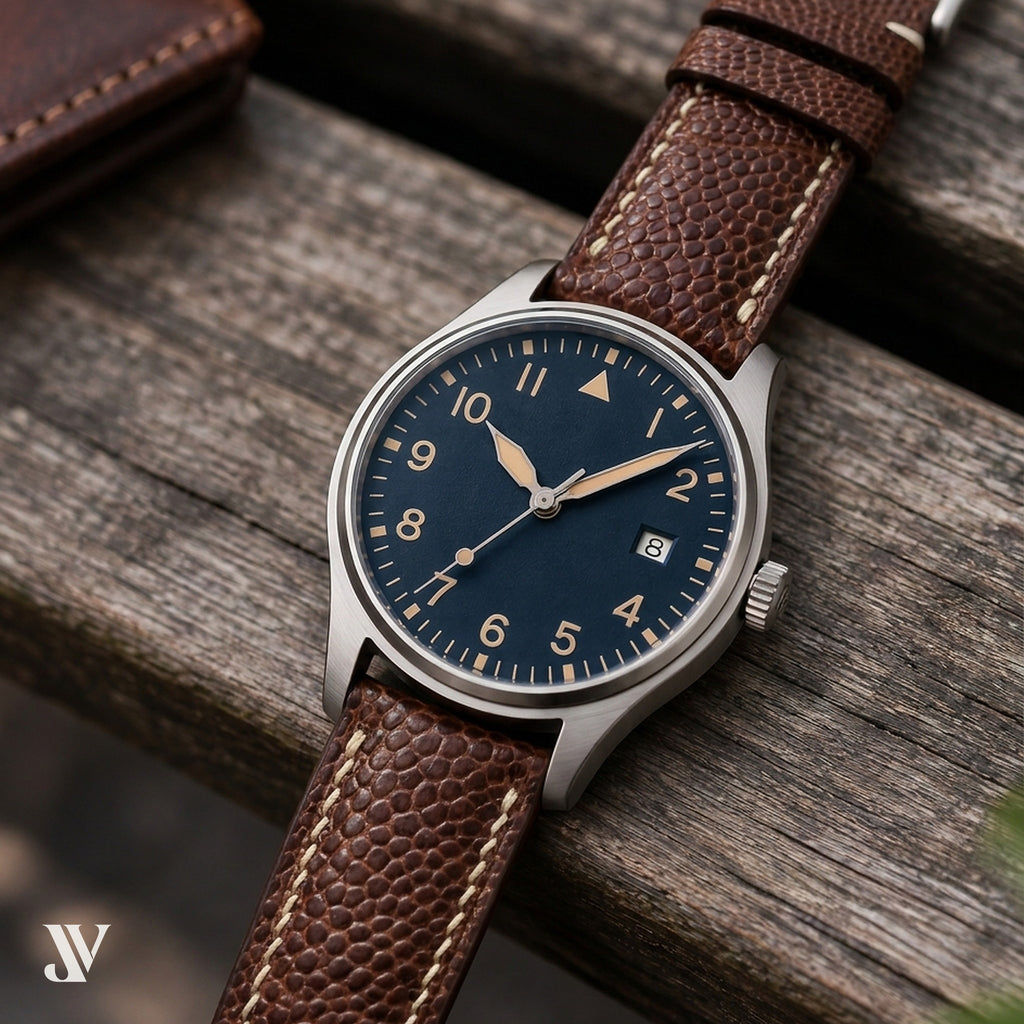 Brown Ostrich Leg Leather Watch Strap — shown on watch