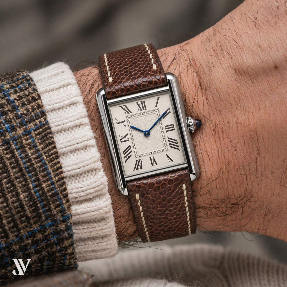 Brown Ostrich Leg Leather Watch Strap — shown on watch