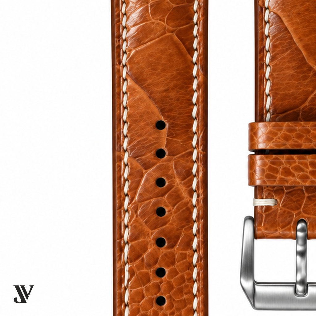 Caramel Ostrich Leg Leather Watch Strap — stitching detail