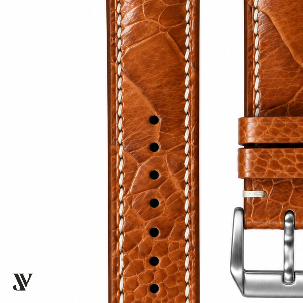 Caramel Ostrich Leg Leather Watch Strap — stitching detail