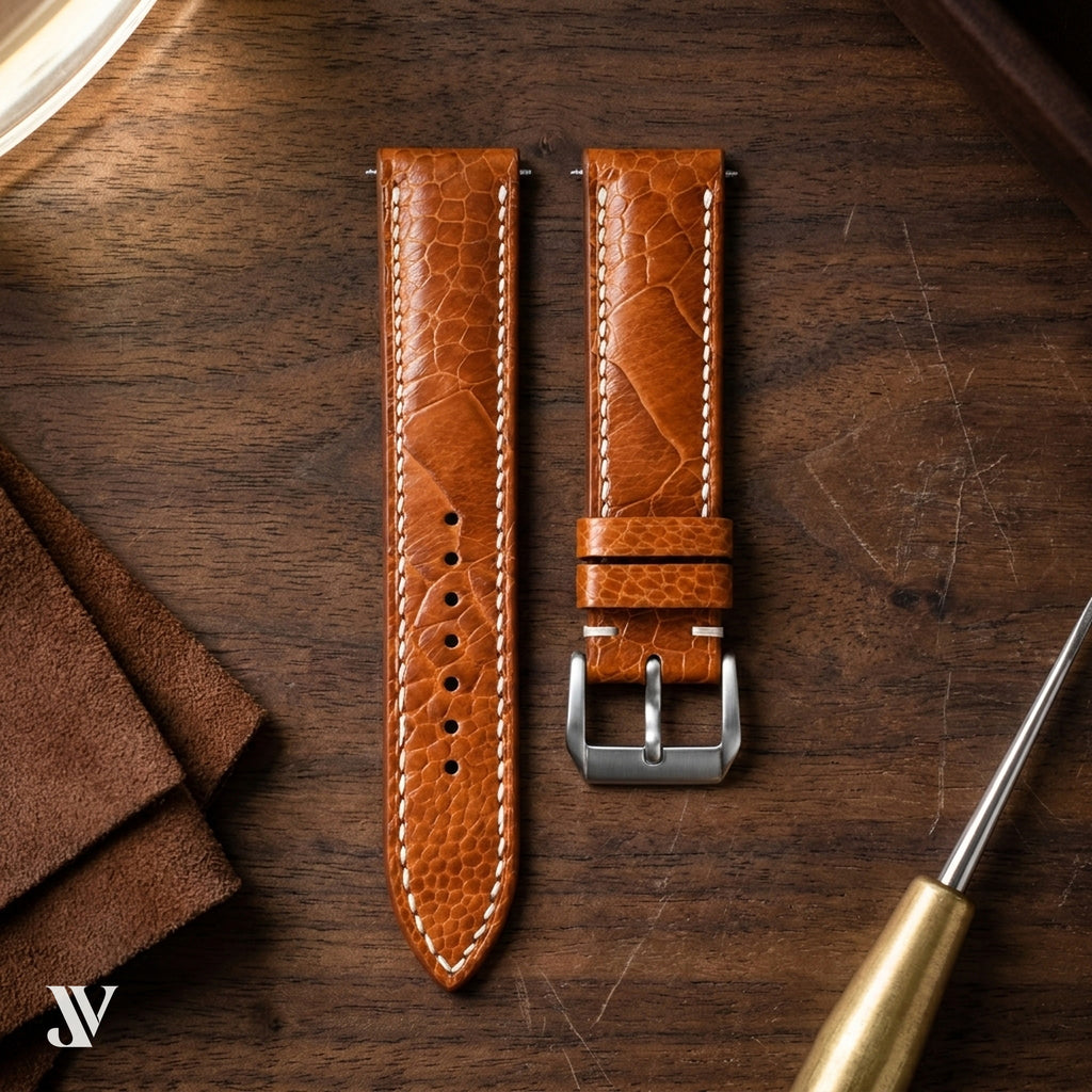 Caramel Ostrich Leg Leather Watch Strap — styled scene