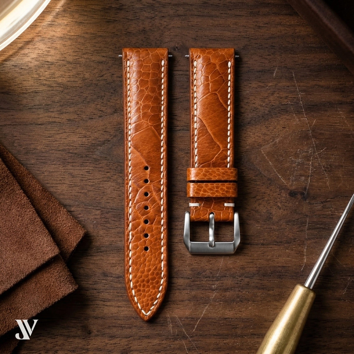 Caramel Ostrich Leg Leather Watch Strap — styled scene