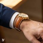 Caramel Ostrich Leg Leather Watch Strap — shown on watch