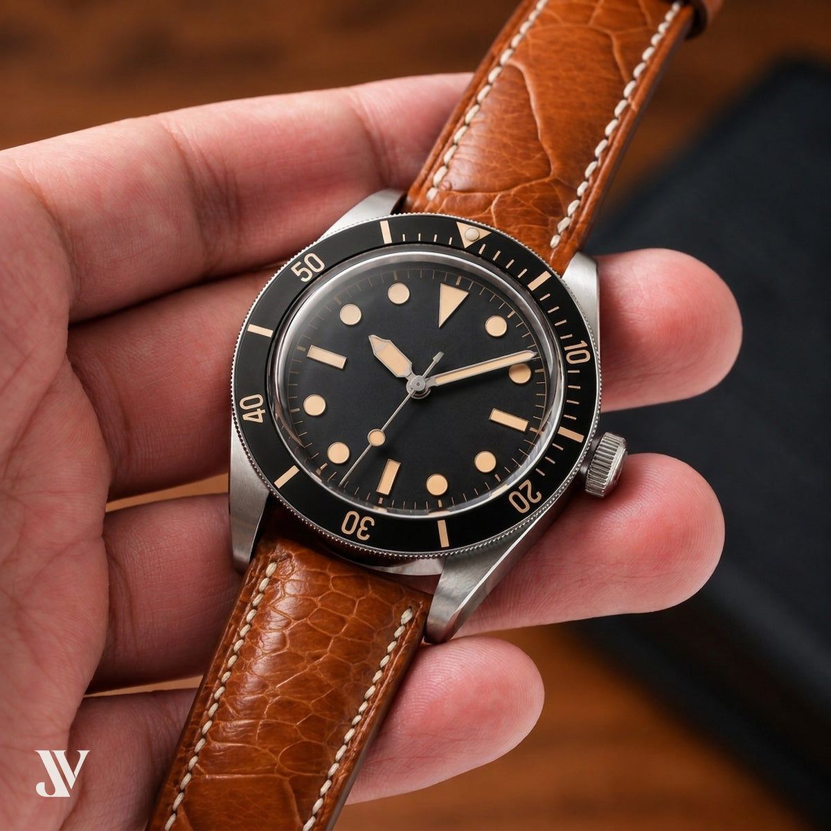 Caramel Ostrich Leg Leather Watch Strap — shown on watch