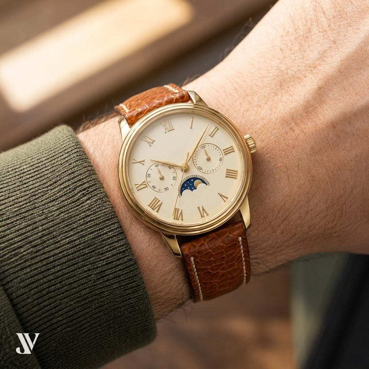 Caramel Ostrich Leg Leather Watch Strap — shown on watch