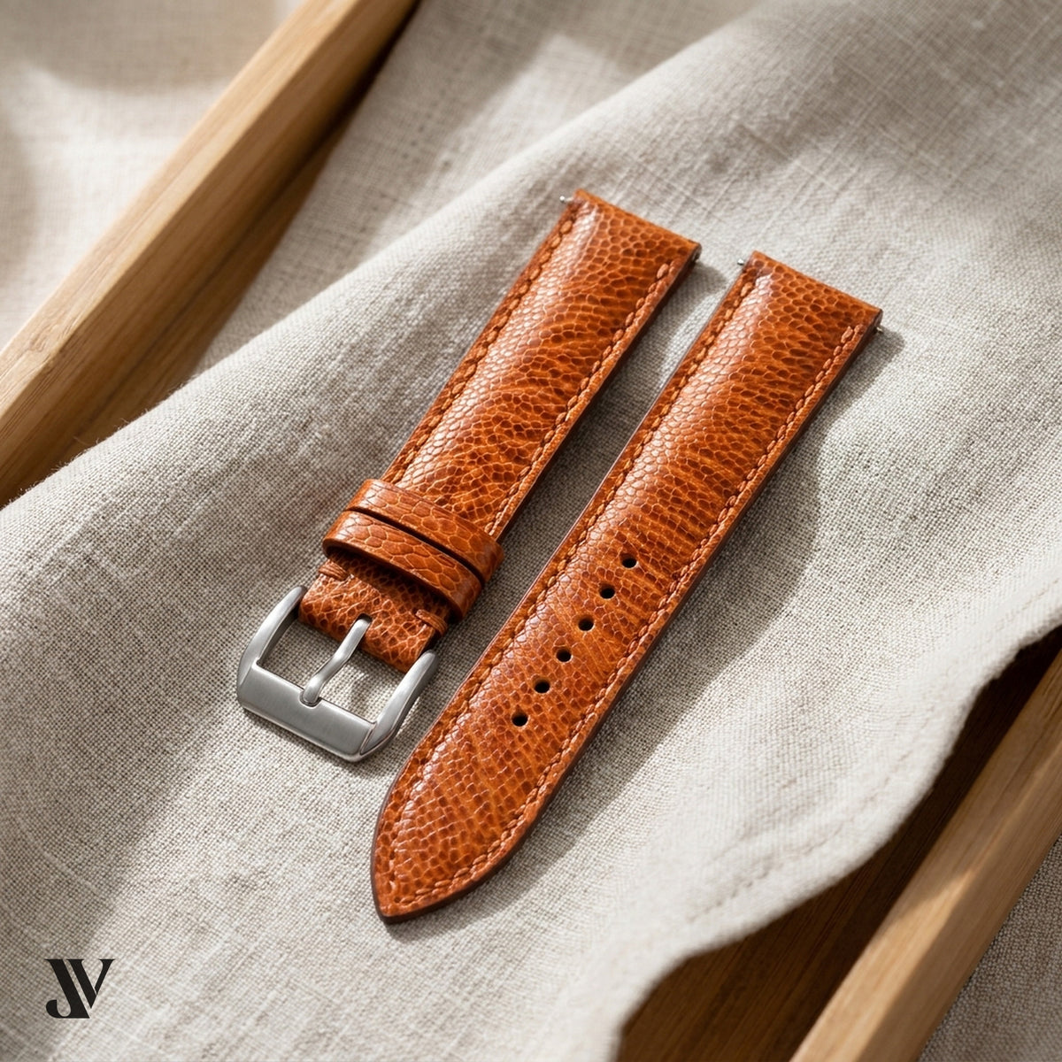 Cognac Ostrich Leg Leather Watch Strap — styled scene