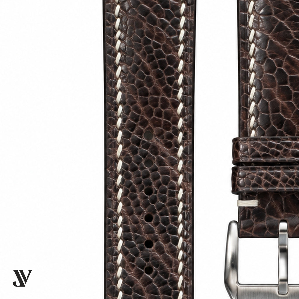 Dark Brown Ostrich Leg Leather Watch Strap — stitching detail