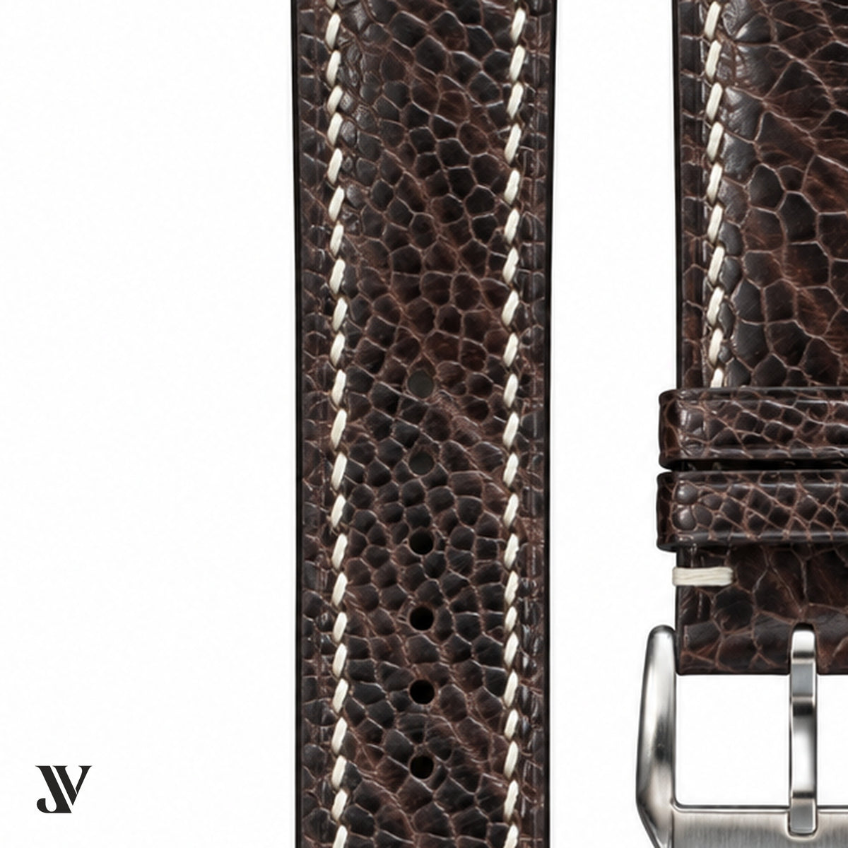 Dark Brown Ostrich Leg Leather Watch Strap — stitching detail