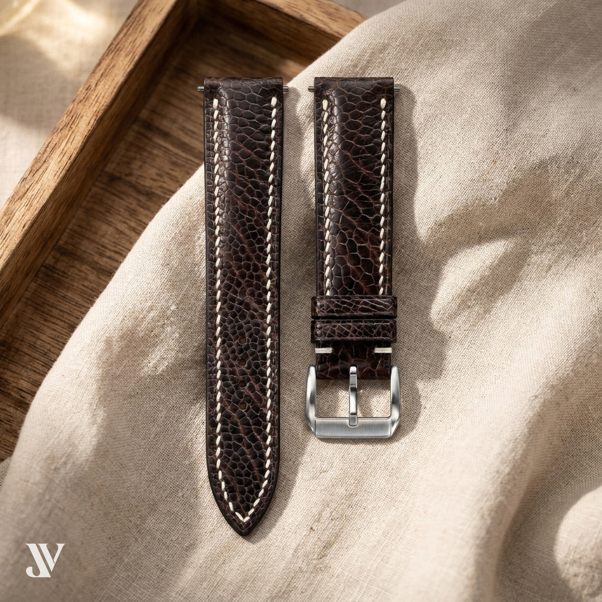 Dark Brown Ostrich Leg Leather Watch Strap — styled scene
