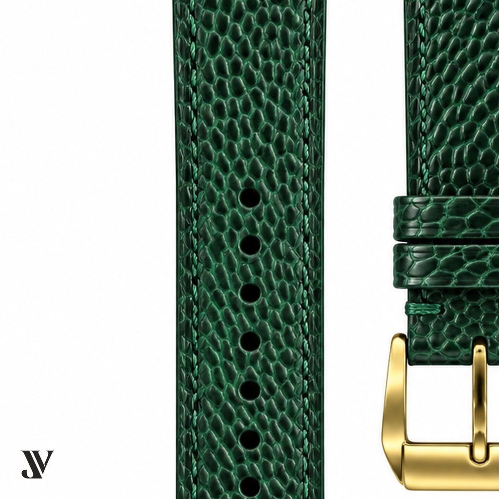 Dark Green Ostrich Leg Leather Watch Strap — stitching detail